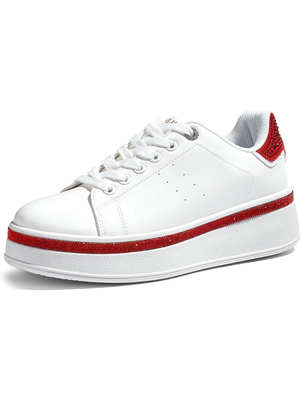 🆕Women's White Red Sparkly Platform Sneakers Glitter Accents Streetwear Shoes